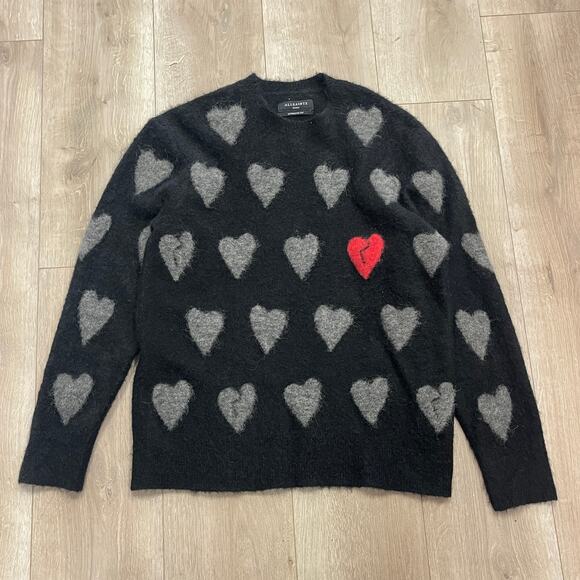 all saints  amore heart print crewneck sweater black/ grey size Small S B4 - Picture 1 of 6